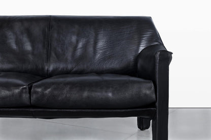 Vintage Black Leather Cab 415 Settee by Mario Bellini for Cassina