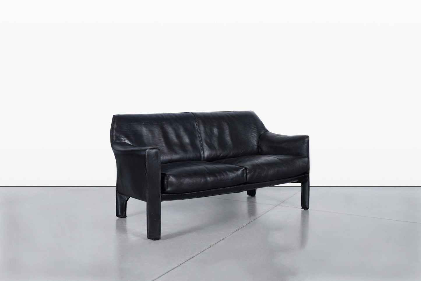 Vintage Black Leather Cab 415 Settee by Mario Bellini for Cassina