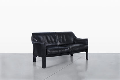 Vintage Black Leather Cab 415 Settee by Mario Bellini for Cassina