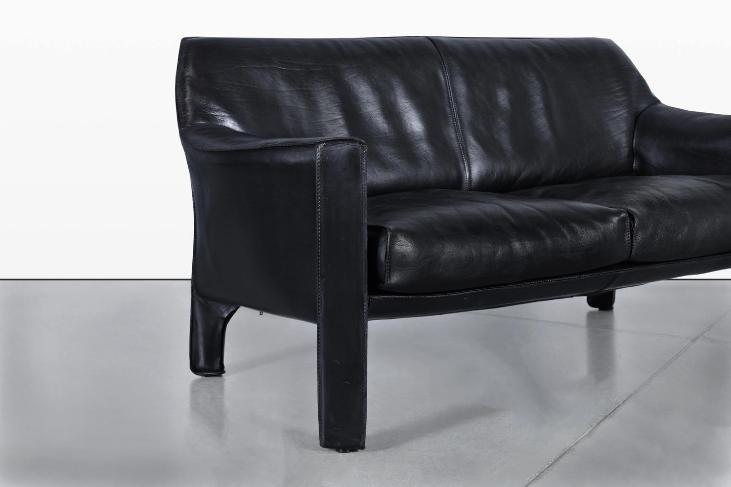 Vintage Black Leather Cab 415 Settee by Mario Bellini for Cassina