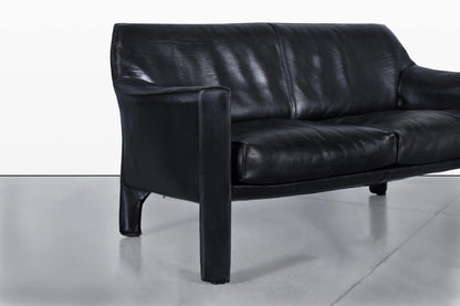 Vintage Black Leather Cab 415 Settee by Mario Bellini for Cassina