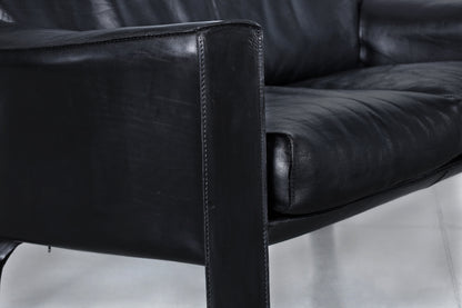 Vintage Black Leather Cab 415 Settee by Mario Bellini for Cassina