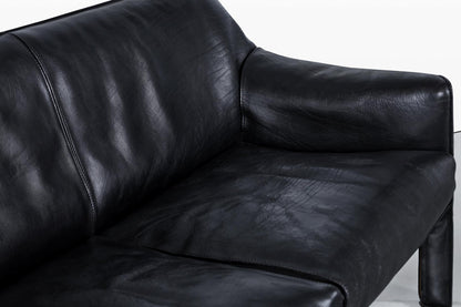 Vintage Black Leather Cab 415 Settee by Mario Bellini for Cassina