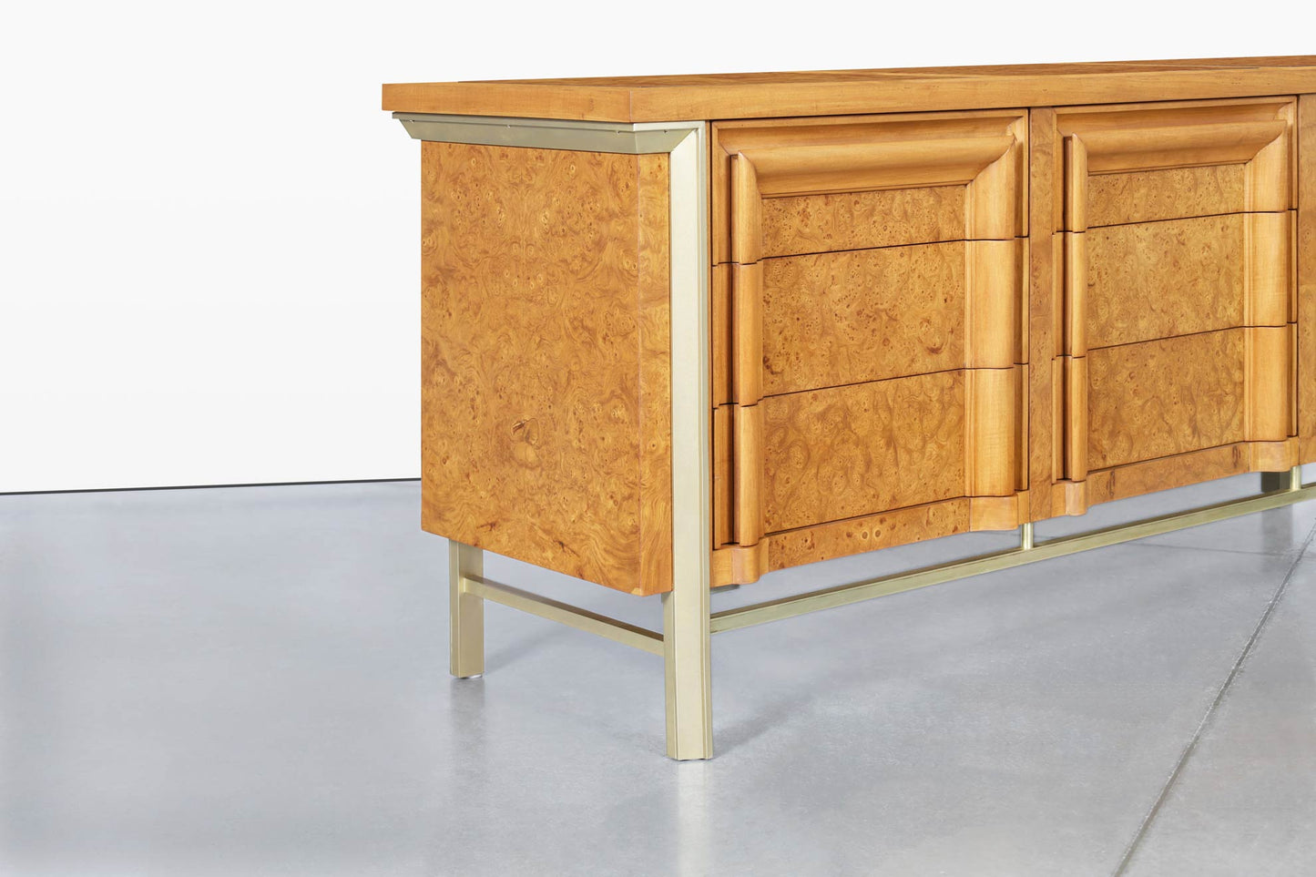 Vintage Burl Wood and Brass Dresser by J.L. Metz