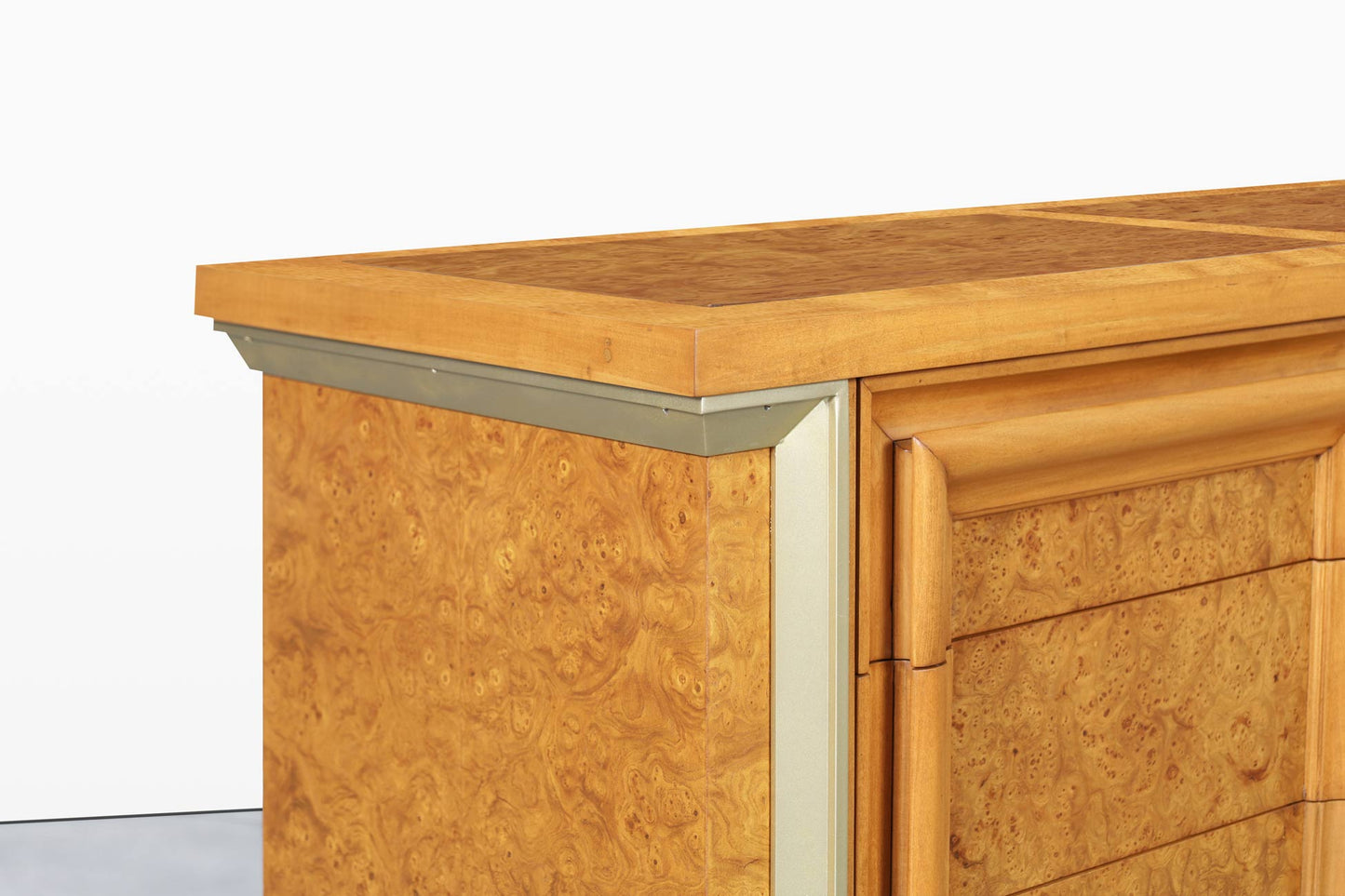 Vintage Burl Wood and Brass Dresser by J.L. Metz