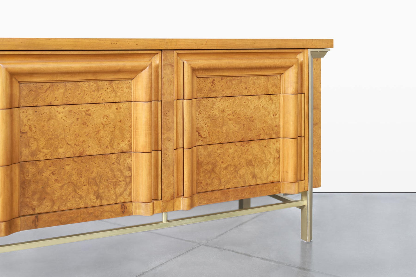 Vintage Burl Wood and Brass Dresser by J.L. Metz