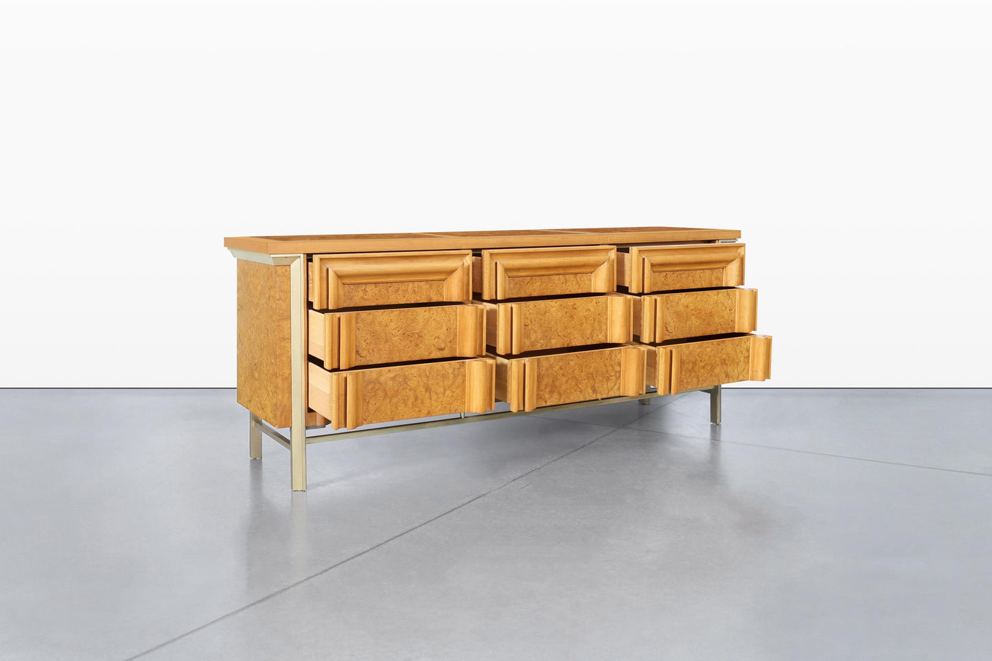 Vintage Burl Wood and Brass Dresser by J.L. Metz