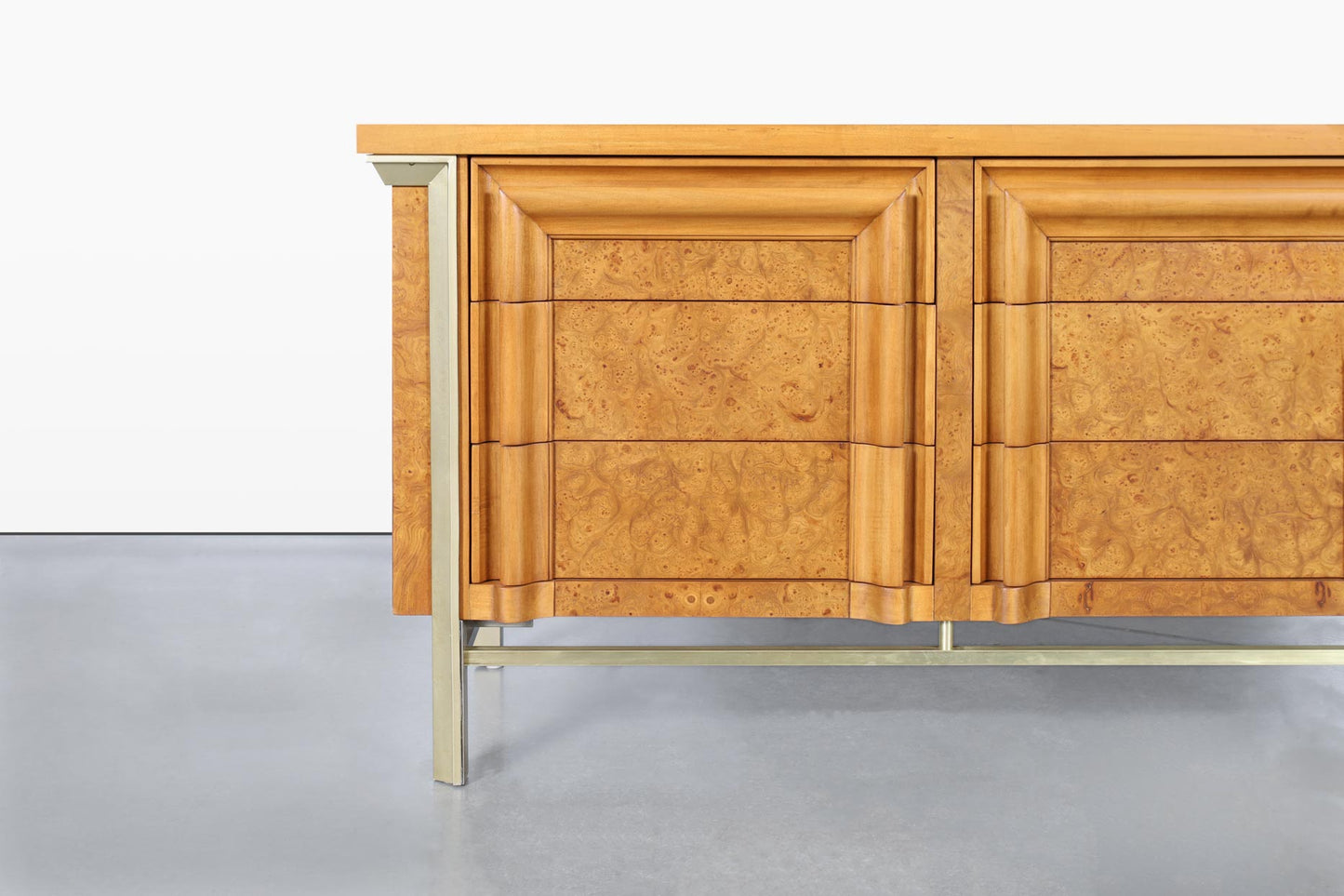 Vintage Burl Wood and Brass Dresser by J.L. Metz