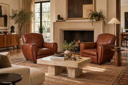 Vintage French Art Deco Leather Club Armchairs, 1940s