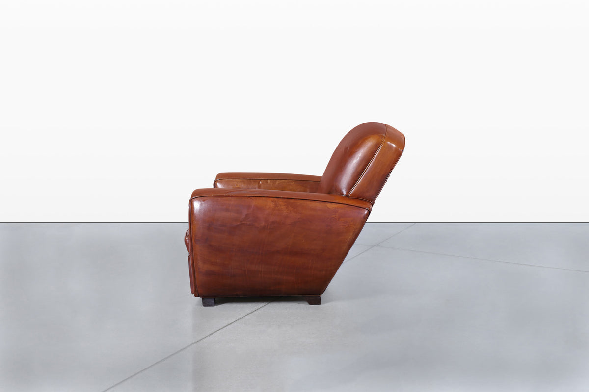 Vintage French Art Deco Leather Club Armchairs, 1940s