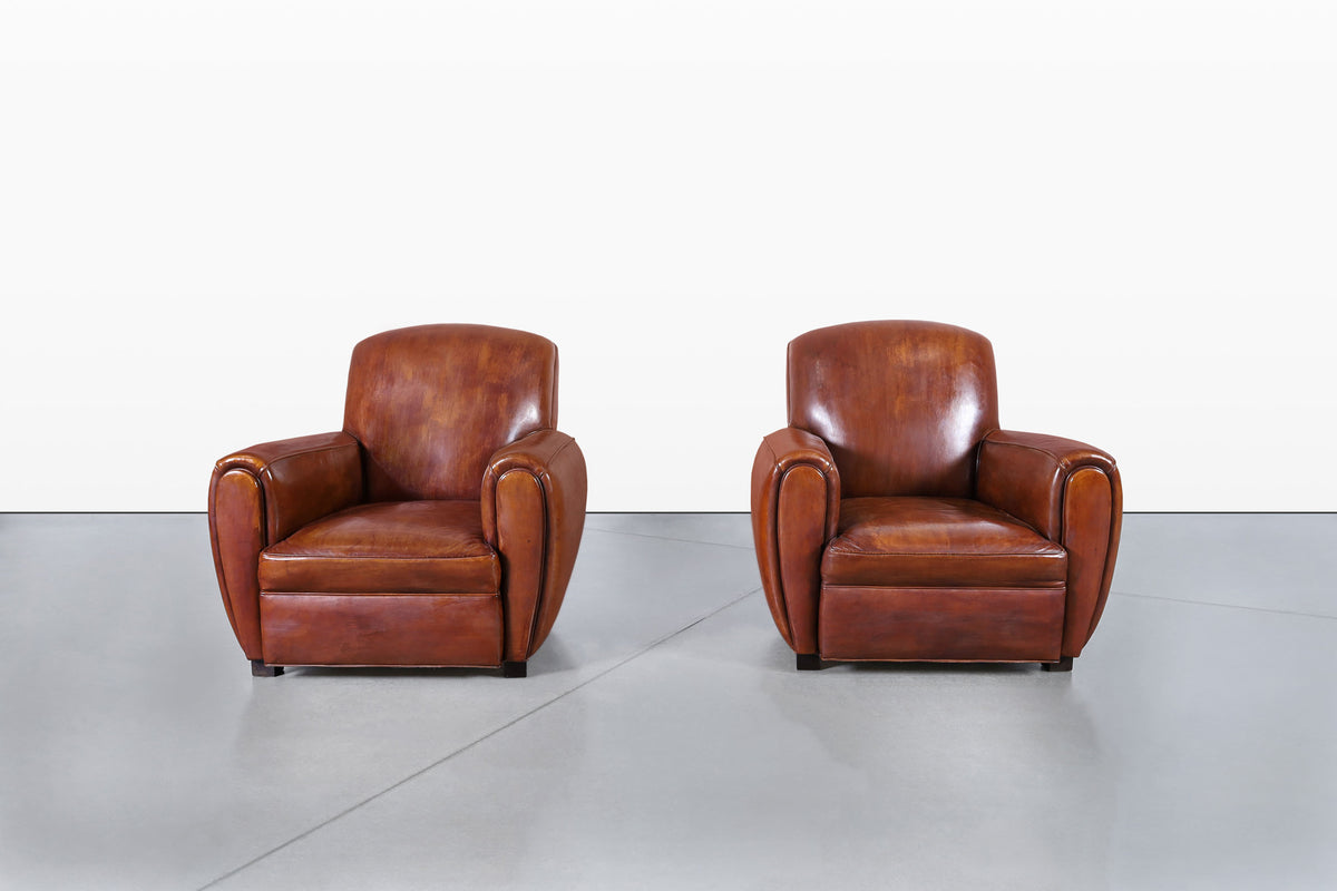 Vintage French Art Deco Leather Club Armchairs, 1940s