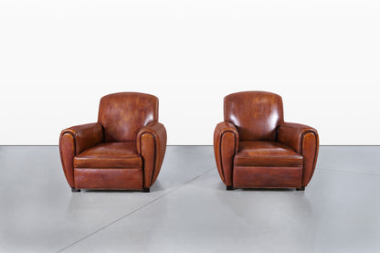 Vintage French Art Deco Leather Club Armchairs, 1940s