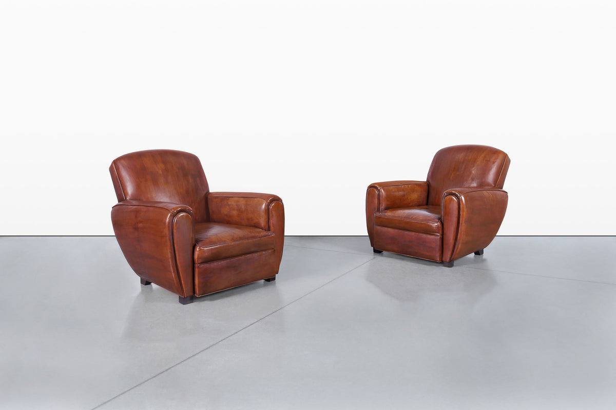 Vintage French Art Deco Leather Club Armchairs, 1940s
