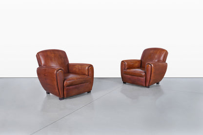 Vintage French Art Deco Leather Club Armchairs, 1940s