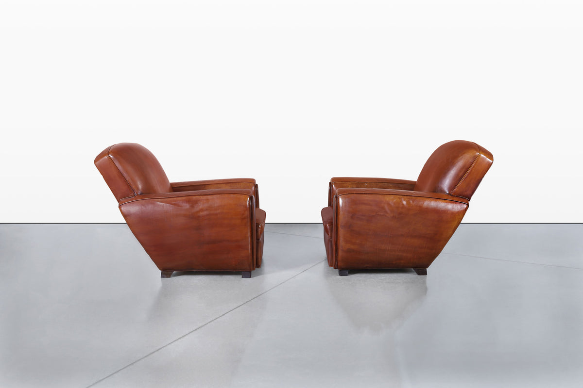Vintage French Art Deco Leather Club Armchairs, 1940s