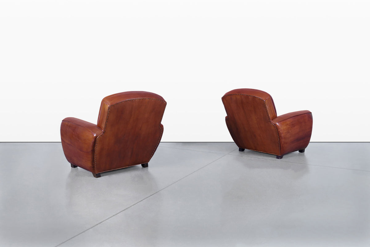 Vintage French Art Deco Leather Club Armchairs, 1940s