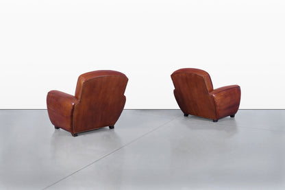 Vintage French Art Deco Leather Club Armchairs, 1940s
