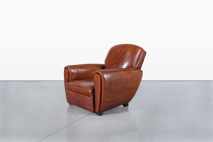 Vintage French Art Deco Leather Club Armchairs, 1940s