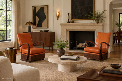 Vintage French Art Deco Leather and Walnut Lounge Chairs, 1940s