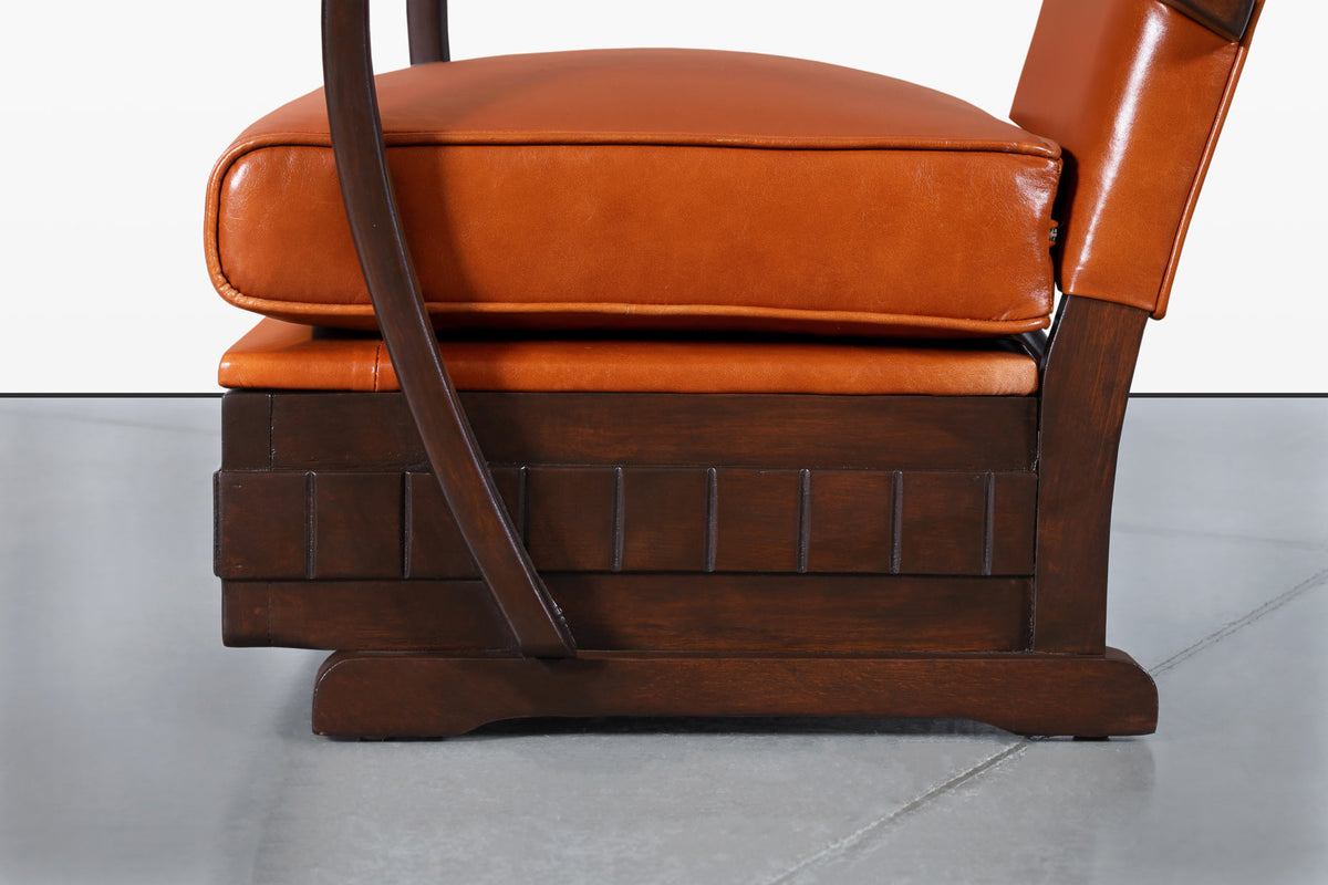 Vintage French Art Deco Leather and Walnut Lounge Chairs, 1940s