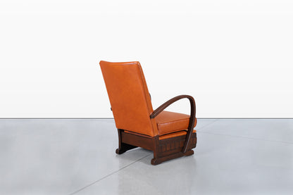 Vintage French Art Deco Leather and Walnut Lounge Chairs, 1940s