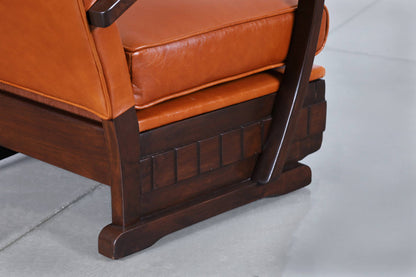 Vintage French Art Deco Leather and Walnut Lounge Chairs, 1940s