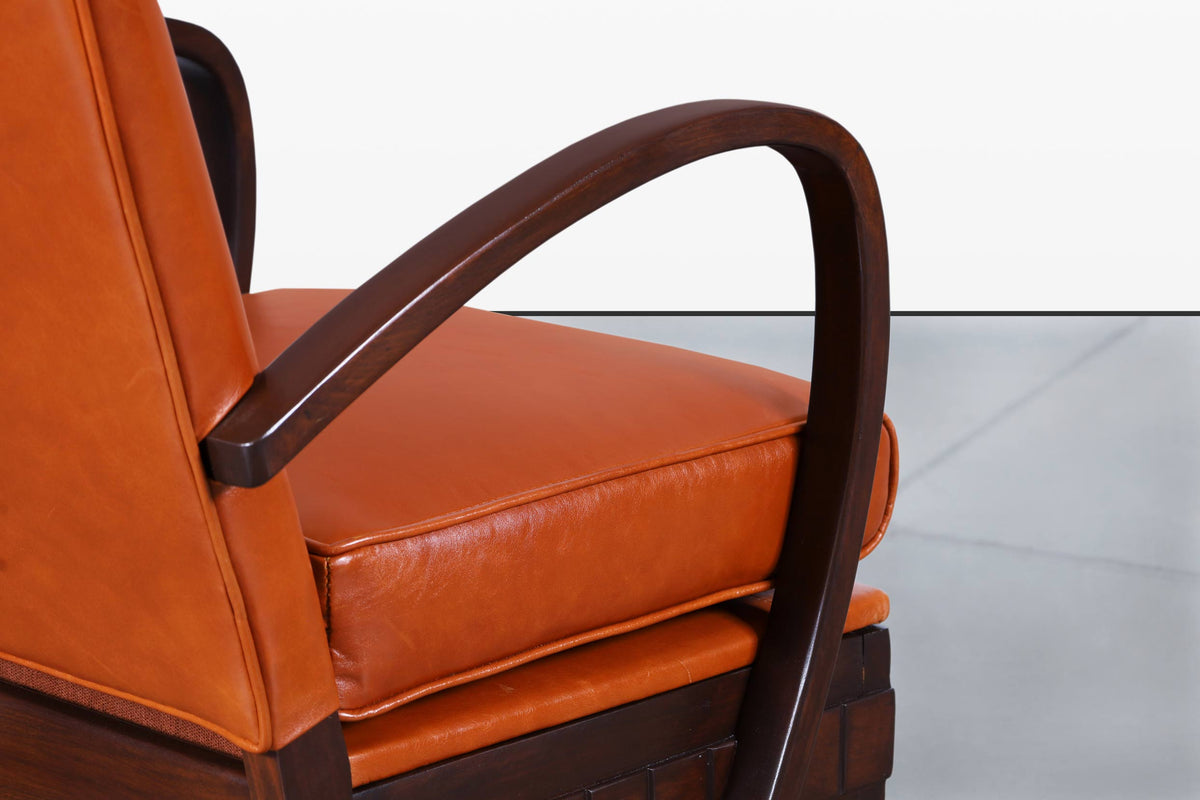 Vintage French Art Deco Leather and Walnut Lounge Chairs, 1940s
