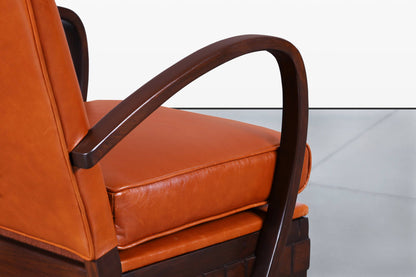 Vintage French Art Deco Leather and Walnut Lounge Chairs, 1940s