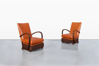 Vintage French Art Deco Leather and Walnut Lounge Chairs, 1940s