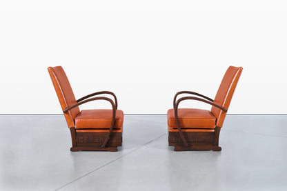 Vintage French Art Deco Leather and Walnut Lounge Chairs, 1940s