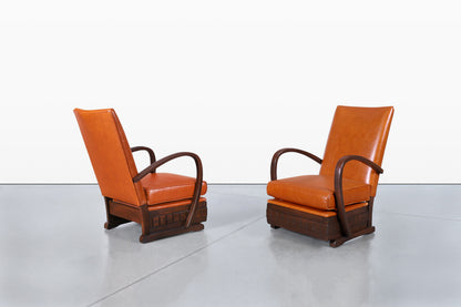 Vintage French Art Deco Leather and Walnut Lounge Chairs, 1940s
