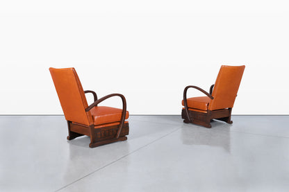 Vintage French Art Deco Leather and Walnut Lounge Chairs, 1940s