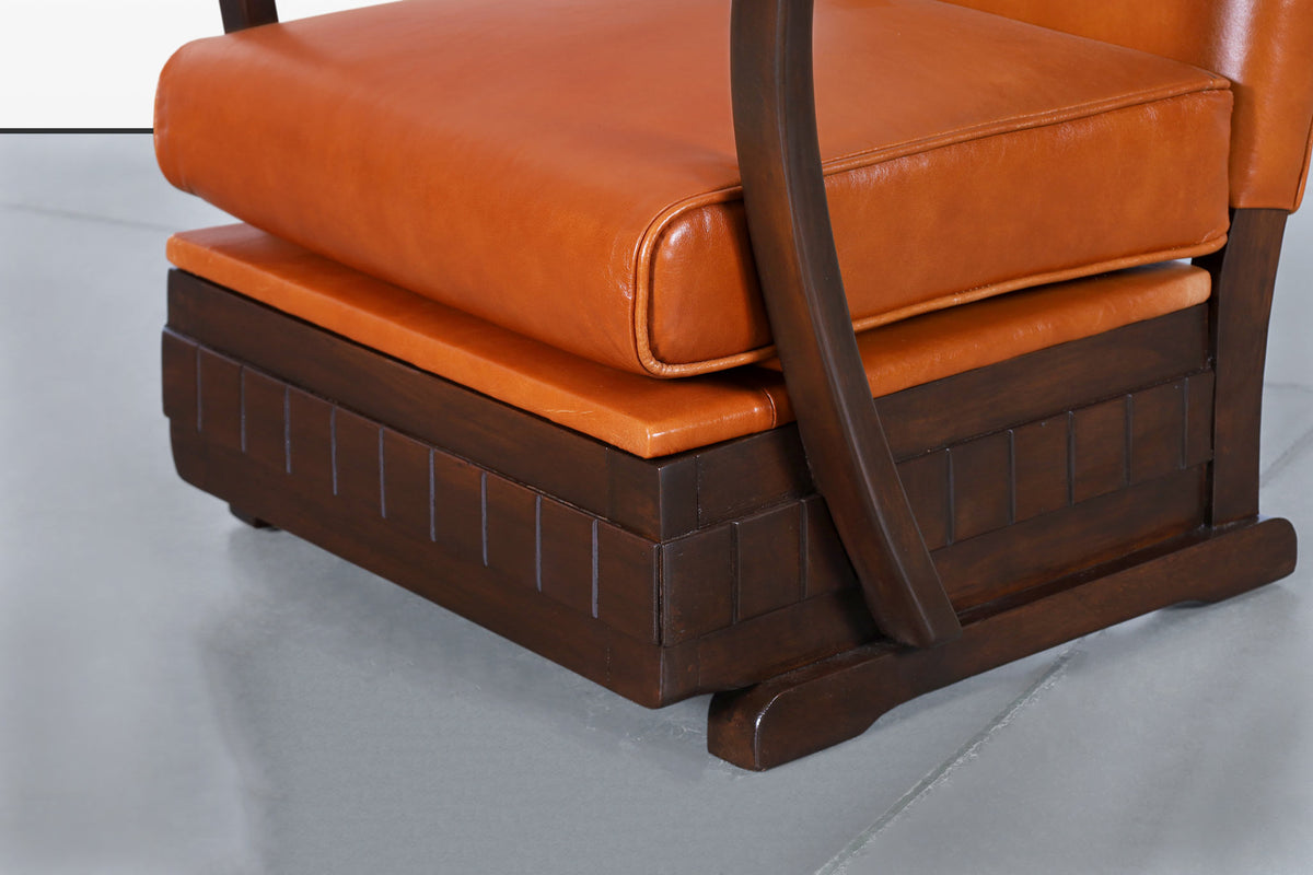 Vintage French Art Deco Leather and Walnut Lounge Chairs, 1940s