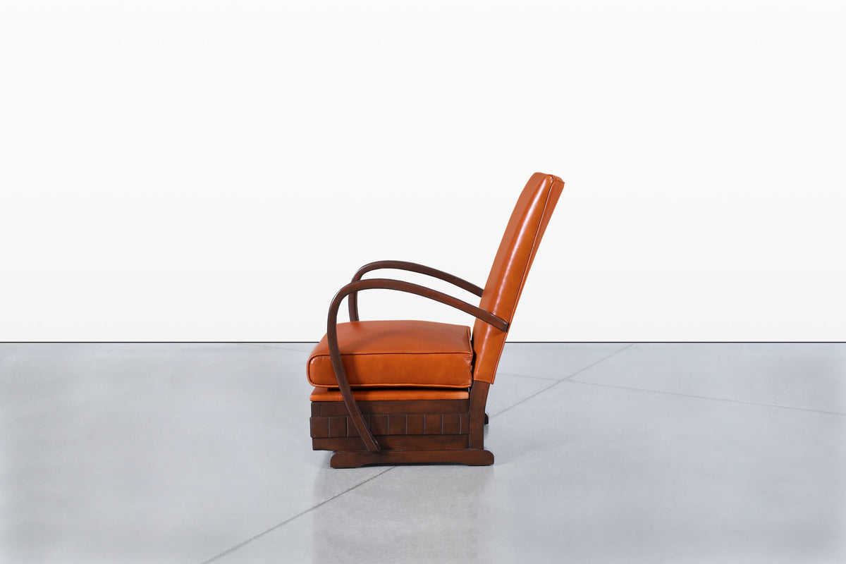 Vintage French Art Deco Leather and Walnut Lounge Chairs, 1940s