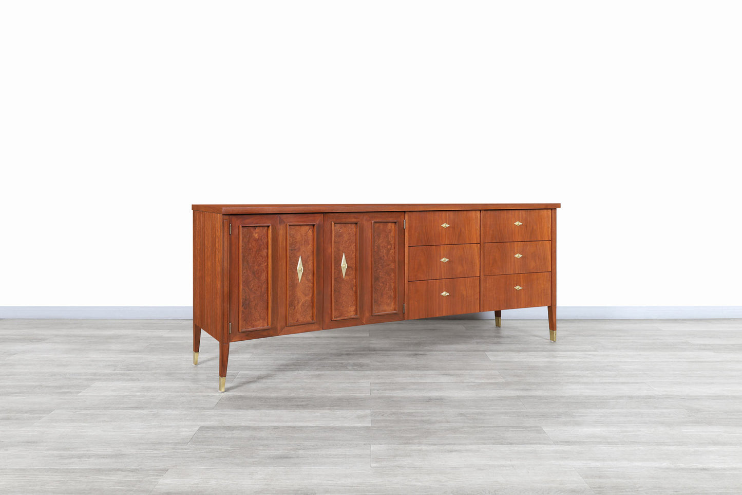 Vintage Walnut and Burl Wood Curved Credenza