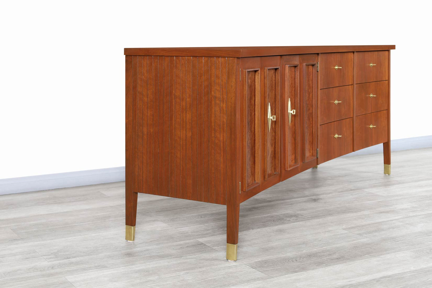 Vintage Walnut and Burl Wood Curved Credenza