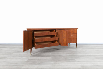 Vintage Walnut and Burl Wood Curved Credenza