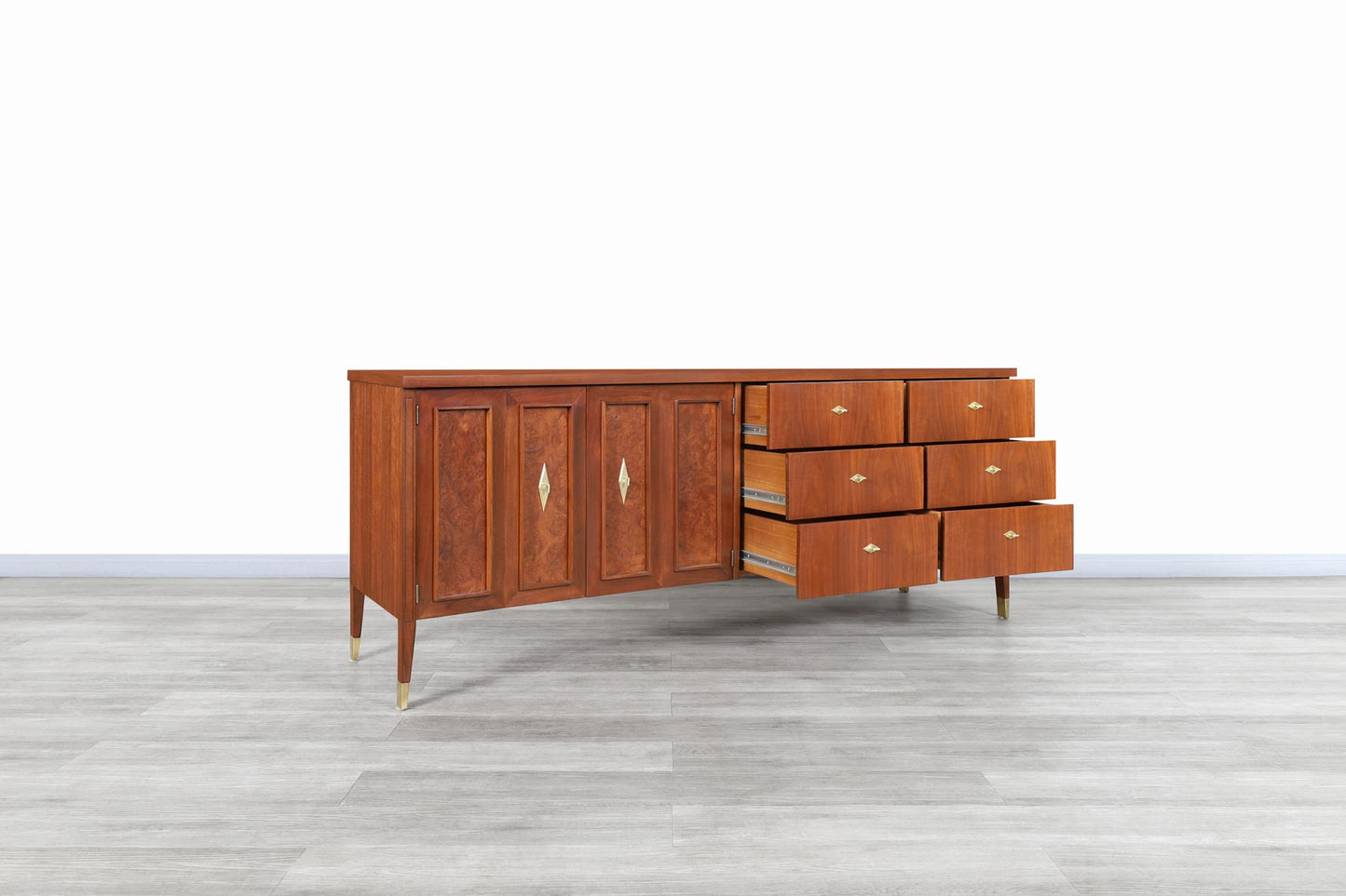 Vintage Walnut and Burl Wood Curved Credenza