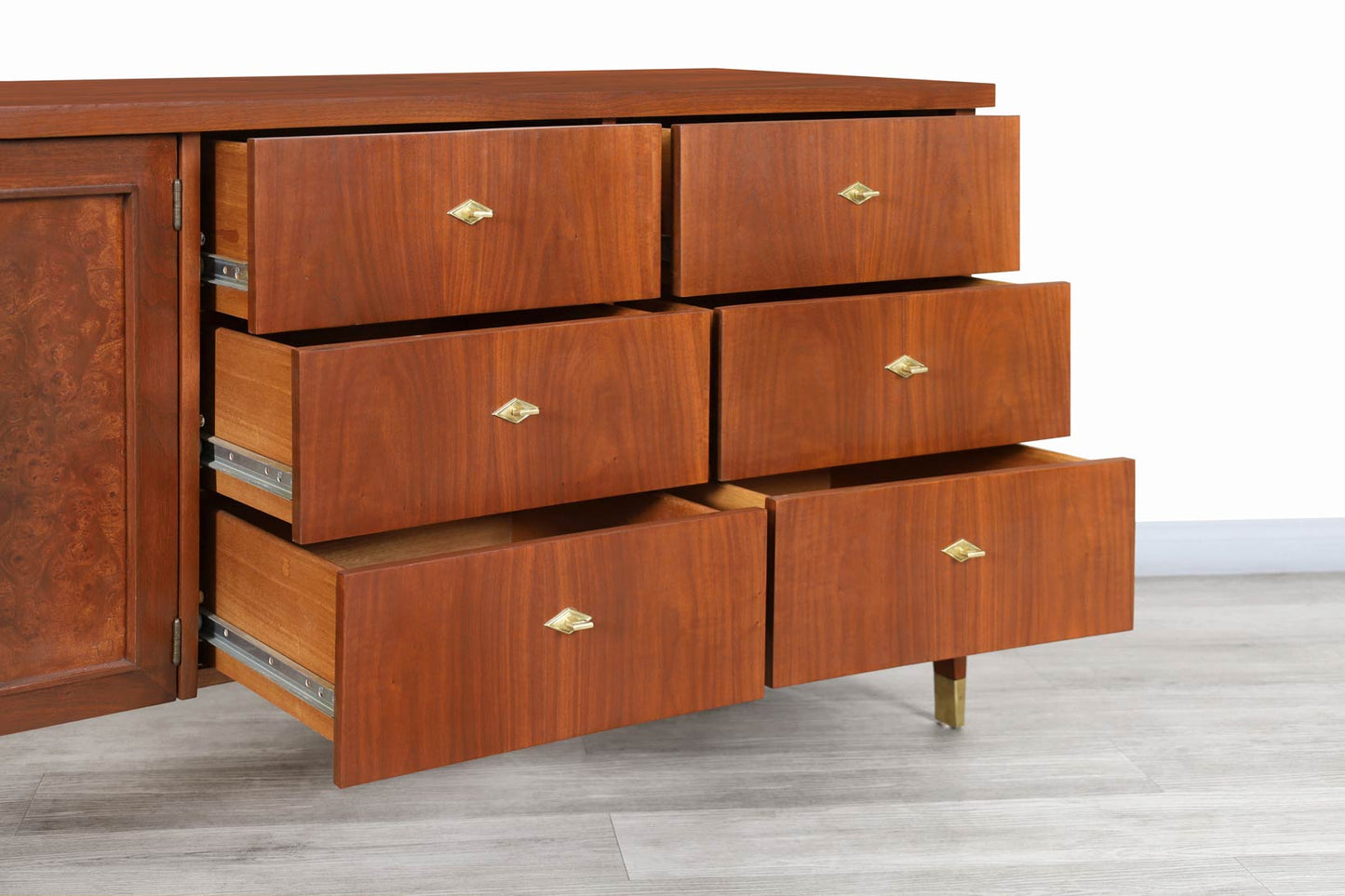 Vintage Walnut and Burl Wood Curved Credenza