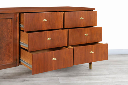 Vintage Walnut and Burl Wood Curved Credenza